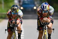 Jumbo-Visma team's Slovenian rider Primoz Roglic (L) and his teammate Belgian rider Wout Van Aert (R) cycle during a training session, in Bjerge near Copenhagen on June 30, 2022, on the eve of the start of the 2022 edition of the Tour de France cycling race, in Copenhagen. (Photo by Anne-Christine POUJOULAT / AFP)