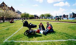 Marina and Andrea sit in the sun with their daughter Sara within a marked area at Islands Brygge in Copenhagen, on May 3, 2020 amid the novel coronavirus COVID-19 pandemic. - Marked areas are to help citizens keep distance. Each field is 40 m2 in which only 10 people can stay. (Photo by Ida Guldbaek Arentsen / Ritzau Scanpix / AFP) / Denmark OUT