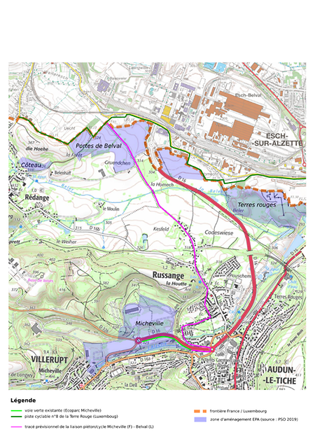 Le plan de la liaison cyclo-pédestre transfrontalière reliant le site de Micheville à Belval.