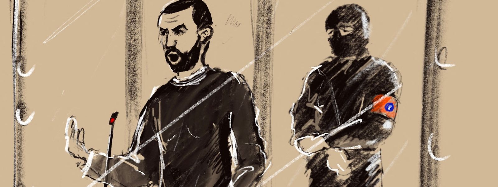 Un dessin réalisé le 5 décembre 2022 dans le bâtiment Justitia à Bruxelles montre l'accusé Mohamed Abrini. 