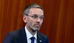 Austrian Interior Minister Herbert Kickl is pictured during a press conference with his German counterpart in Berlin on September 4, 2018. (Photo by Tobias SCHWARZ / AFP)