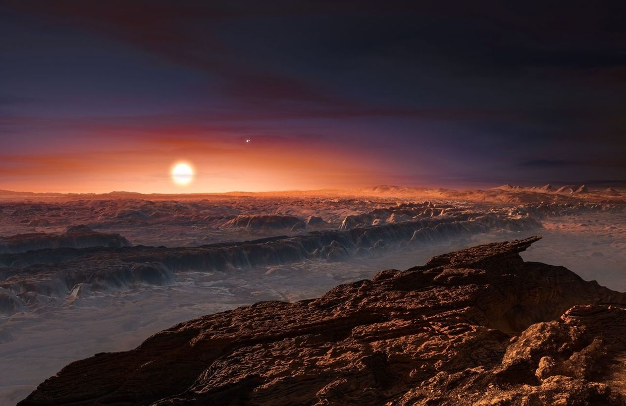 Aspecto de um crepúsculo no planeta Proxima b