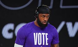 ORLANDO, FL - OCTOBER 04: A close up shot of LeBron James #23 of the Los Angeles Lakers warming up before Game Three of the NBA Finals against the Miami Heat on October 4, 2020 in Orlando, Florida at AdventHealth Arena. NOTE TO USER: User expressly acknowledges and agrees that, by downloading and/or using this Photograph, user is consenting to the terms and conditions of the Getty Images License Agreement. Mandatory Copyright Notice: Copyright 2020 NBAE (Photo by Jesse D. Garrabrant/NBAE via Getty Images)