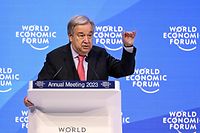 UN Secretary-General Antonio Guterres addresses a session of the World Economic Forum (WEF) annual meeting in Davos on January 18, 2023. (Photo by Fabrice COFFRINI / AFP)