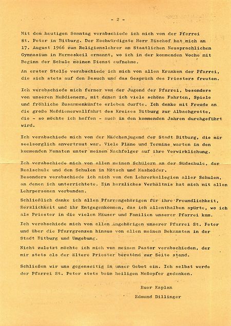 Im August 1966 verabschiedete sich Kaplan Edmund Dillinger von seiner Bitburger Gemeinde - nach nur einem Jahr.
