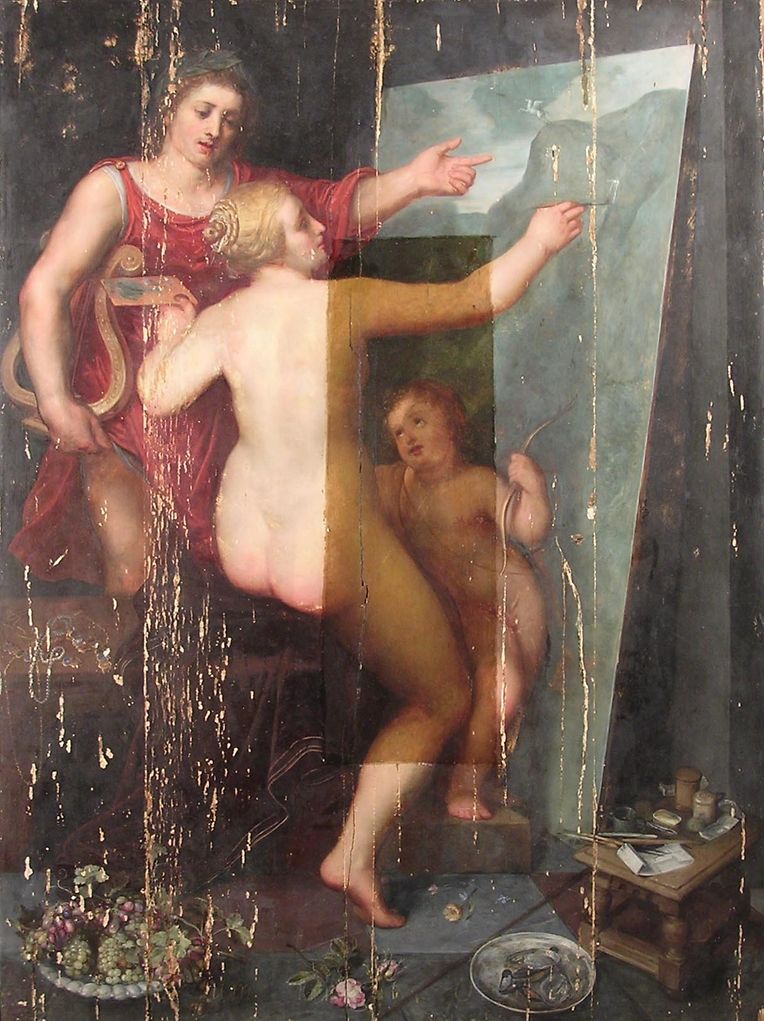 Das am 03.04.2018 vom Hoyt Sherman Place Museum herausgegebene Foto zeigt das Gemälde "Apollo und Venus" des niederländischen Malers Otto van Veen. Museumsdirektor Robert Warren hatte das Bild in einem selten benutzten Abstellraum entdeckt.