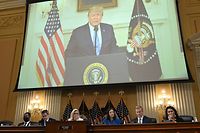 A video of former US President Donald Trump recording an address to the nation on January 7, 2021, is displayed on a screen during a hearing by the House Select Committee to investigate the January 6th attack on the US Capitol in the Cannon House Office Building in Washington, DC, on July 21, 2022. - The select House committee conducting the investigation of the Capitol riot is holding its eighth and final hearing, providing a detailed examination of former president Donald Trump's actions on January 6th. More than 850 people have been arrested in connection with the 2021 attack on Congress, which came after Trump delivered a fiery speech to his supporters near the White House falsely claiming that the election was "stolen." (Photo by SAUL LOEB / AFP)