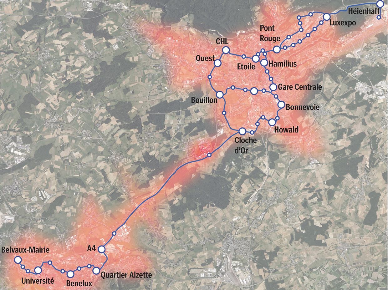 Totalité du concept du réseau de tram imaginé à l'horizon 2030 entre le centre et le sud du pays.