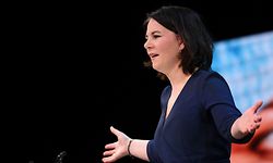 Co-leader of Germany's Green party Annalena Baerbock gives a speech during a digital announcement event on the party's federal election campaign and the announcement of candidacy for chancellor at the malt factory in Berlin, Germany, April 19, 2021. - Germany's Green party named its co-chair Annalena Baerbock as their candidate to succeed Angela Merkel, throwing down the gauntlet to the chancellor's conservatives who were locked in increasingly vicious infighting for her crown. (Photo by ANNEGRET HILSE / POOL / AFP)