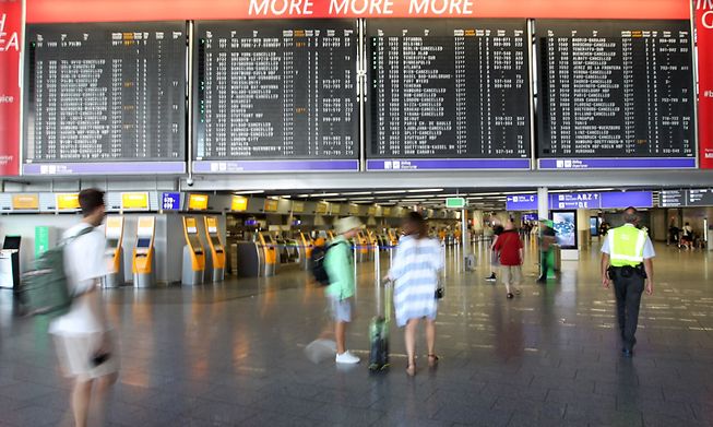 A screen showing cancelled flights at Frankfurt Airport last week 