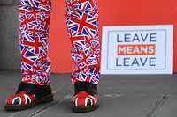 29.03.2019, Großbritannien, London: Ein Brexit-Anhänger demonstriert vor dem Parlament in Westminster, in dem die Abgeordneten voraussichtlich über einen Regierungsantrag zum EU-Austritt am Freitagabend beraten und abstimmen werden, für den Austritt aus der EU. Foto: Victoria Jones/PA Wire/dpa +++ dpa-Bildfunk +++