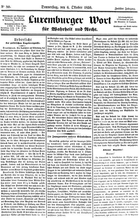 A edição de 6 de outubro de 1859 do Luxemburger Wort. Ainda sem publicar fotografias, o jornal destaca a inauguração da Gare.