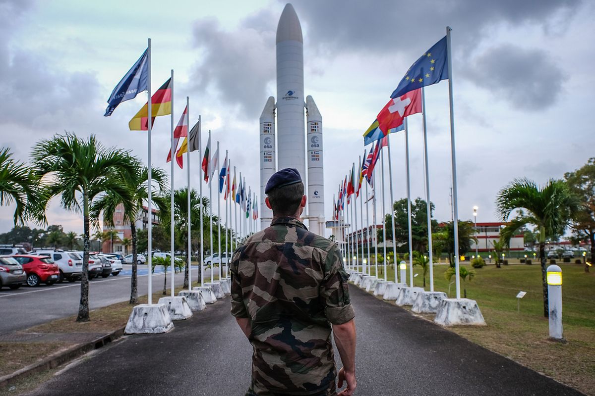 A man looking at the Arian rocket model in Guyane, Kourou, France, December 05, 2018.