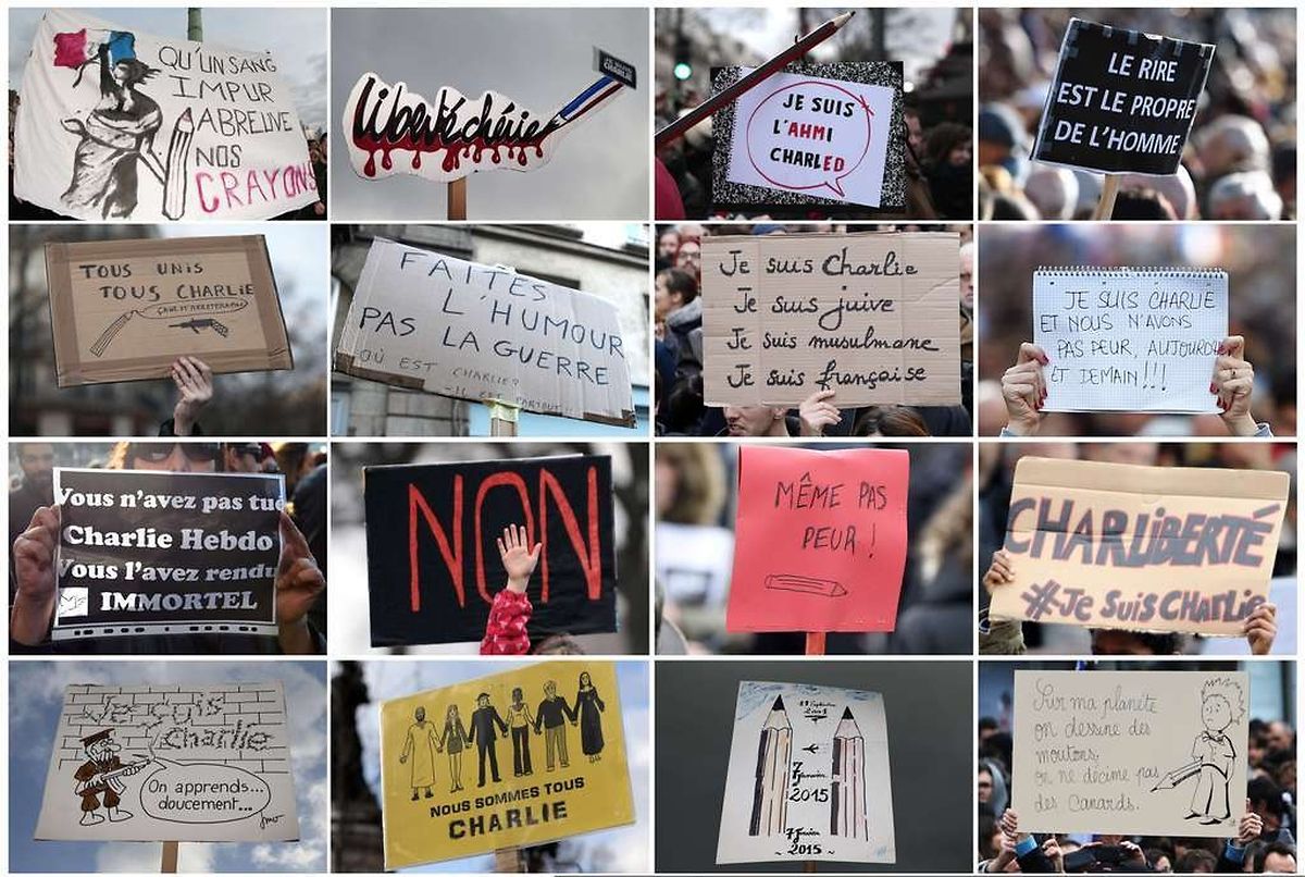 A combination of pictures taken on January 11, 2015 shows placards and signs during the Unity rally "March Republicaine" in various cities in France in tribute to the 17 victims of a three-day killing spree by homegrown Islamists. The killings began on January 7 with an assault on the Charlie Hebdo satirical magazine in Paris that saw two brothers massacre 12 people including some of the country's best-known cartoonists, the killing of a policewoman and the storming of a Jewish supermarket on the eastern fringes of the capital which killed 4 local residents. AFP PHOTO