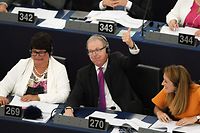 Member of European Parliament Axel Voss reacts after the vote on copyright in the Digital Single Market during a voting session during a plenary session at the European Parliament on September 12, 2018 in Strasbourg, eastern France. (Photo by FREDERICK FLORIN / AFP)