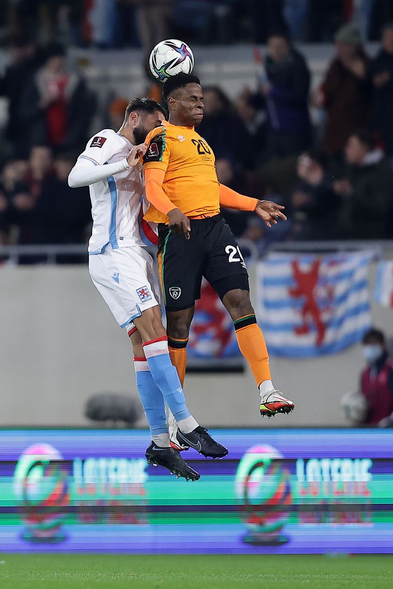 Wahid Selimovich (left) has a header dual with Irish midfielder Chidosi Ogben.