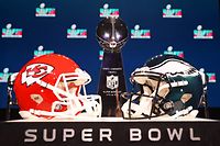 PHOENIX, ARIZONA - FEBRUARY 08: A view of the Vince Lombardi Trophy and the helmets of the Kansas City Chiefs and the Philadelphia Eagles before a press conference for NFL Commissioner Roger Goodell at Phoenix Convention Center on February 08, 2023 in Phoenix, Arizona.   Peter Casey/Getty Images/AFP (Photo by Peter Casey / GETTY IMAGES NORTH AMERICA / Getty Images via AFP)