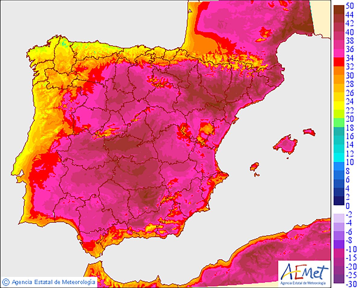Eine Karte der Wetterverhältnisse in Spanien am Freitag.