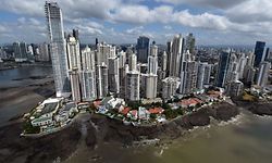 FILE - Aerial view of the Panama City bay taken on March 23, 2015. Close aides of Russian president Vladimir Putin are among those whose assets feature in a vast expose of tax havens published on April 3, 2016 after a year-long investigation into 11.5 million leaked documents. The assets of around 140 political figures -- including 12 current of former heads of states -- are mentioned in the revelations, according to the probe by the International Consortium of Investigative Journalists (ICIJ) and German daily Sueddeutsche Zeitung. AFP PHOTO/ Rodrigo ARANGUA 