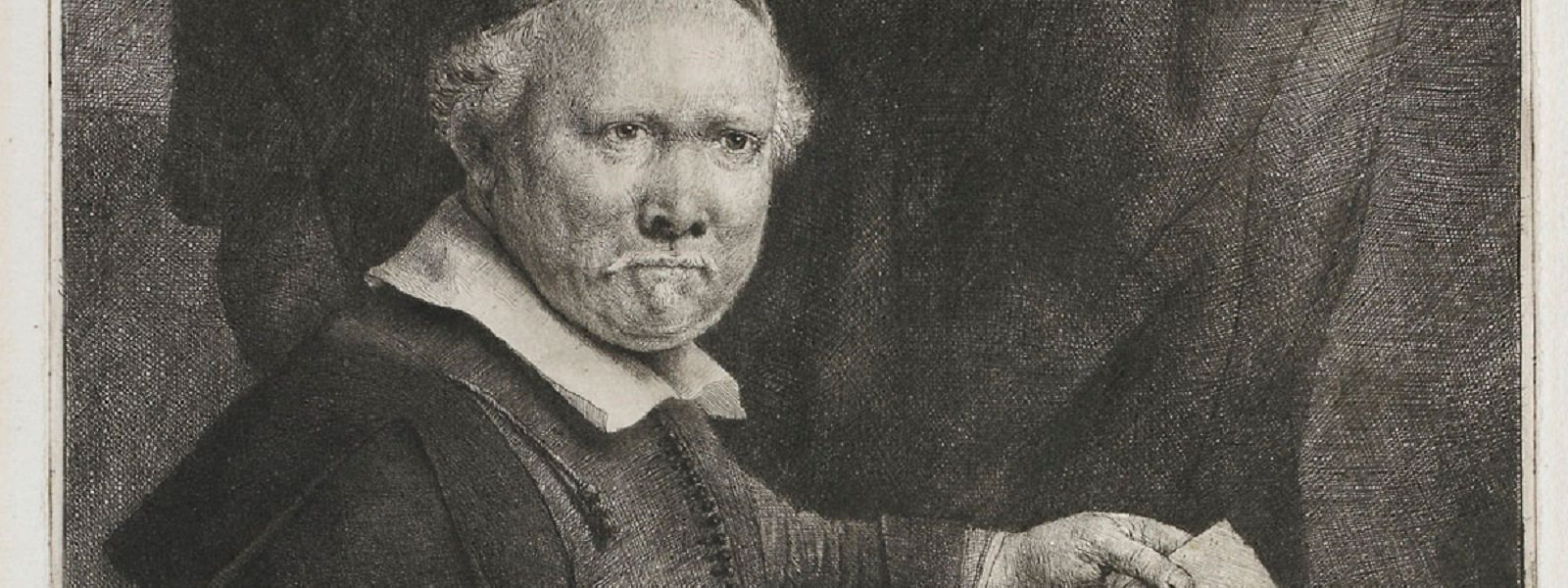 Die Rembrandt-Radierung zeigt das Porträt eines Mannes. Dabei handelt es sich um Willemsz van Coppenol, den Leiter der sogenannten französischen Schule.
