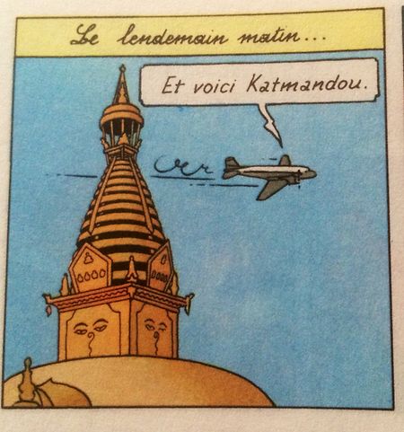 "Und hier Kathmandu", steht in der Sprechblase. Das Stupa von Bodnath aus der Feder von Hergé in dessen Album "Tintin au Tibet".