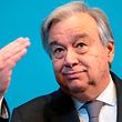 UN Secretary General Ant�nio Guterres gestures during a joint press conference with Swedish Prime Minister  at the Royal Library in Stockholm on April 23, 2018. 
Guterres and Lofven were expected to discuss how UN's work on refugees, crises and conflicts can be strengthened, and to evoke Sweden's work within the UN Security Council. / AFP PHOTO / Jonathan NACKSTRAND