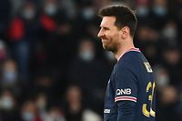 Paris Saint-Germain's Argentinian forward Lionel Messi reacts during the French L1 football match between Paris Saint-Germain (PSG) and AS Monaco (ASM) at the Parc des Princes stadium in Paris, on December 12, 2021. (Photo by FRANCK FIFE / AFP)