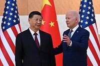 US President Joe Biden (R) and Chinese President Xi Jinping hold a meeting on the sidelines of the G20 Summit in Nusa Dua on the Indonesian resort island of Bali, November 14, 2022. (Photo by SAUL LOEB / AFP)