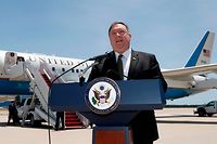US Secretary of State Mike Pompeo speaks to the media at Andrews Air Force Base, near Washington on June 23, 2019, before boarding a plane headed to Jeddah, Saudi Arabia. (Photo by Jacquelyn Martin / POOL / AFP)