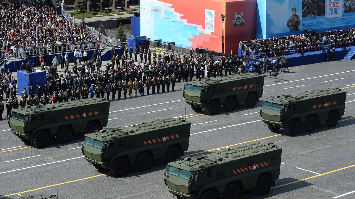 Short-range Iskander/SS-26 Stone missile systems are driven through Moscow as part of a Victory Day parade on Red Square in 2015.
