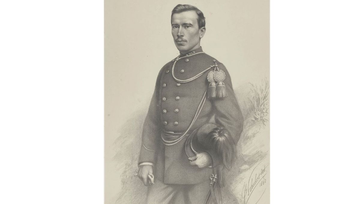 Portrait de Nicolas Grang, premier Luxembourgeois mort au Congo en 1883 (Gravé par J. Schubert en 1884)