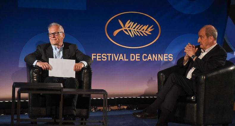 (From L) Cannes Film Festival's director Thierry Fremaux (C) and President Pierre Lescure (R) reveal the 73rd Cannes Film Festival Official Selection, in Paris, on June 3, 2020. (Photo by Serge ARNAL / STARFACE / AFP)