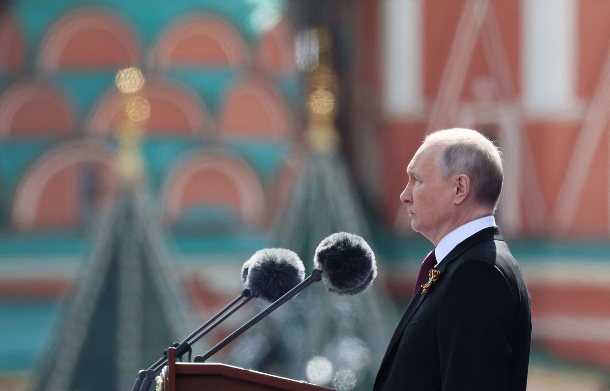 Russian President Vladimir Putin gives a speech during the Victory Day military parade