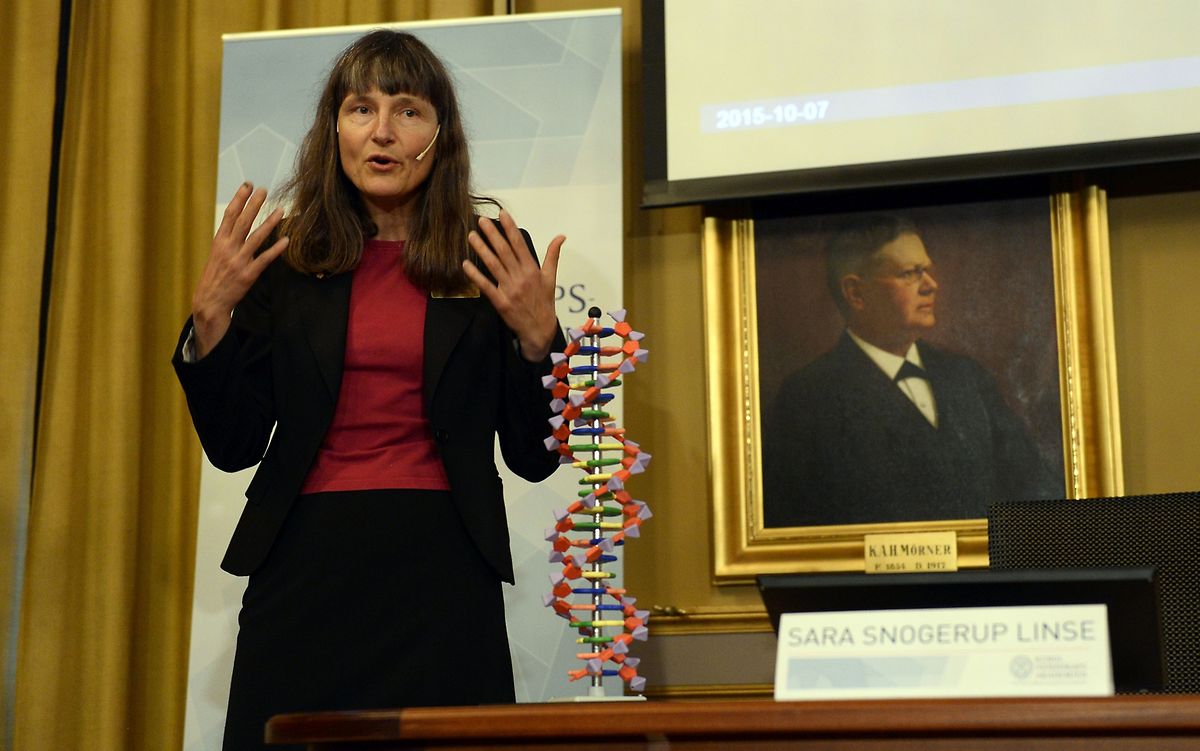 Sara Snogerup Linse, Vorsitzende des Nobel-Komitees für Chemie, bei der Bekanntgabe der Preisträger.