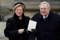 (FILES) In this file photo taken on February 20, 2018 shows Constantine II, former King of Greece, and his wife Anne-Marie, former Queen of Greece and Danish royal, as they arrive at the funeral of Prince Henrik of Denmark, husband of Margrethe II of Denmark, in Copenhagen, Denmark. - Greece's former king Constantine II, who reigned before the country became a republic in 1974, died in Athens on January 10, 2023 aged 82, Greek public broadcaster ERT announced. (Photo by Jens Dresling / Ritzau Scanpix / AFP) / Denmark OUT