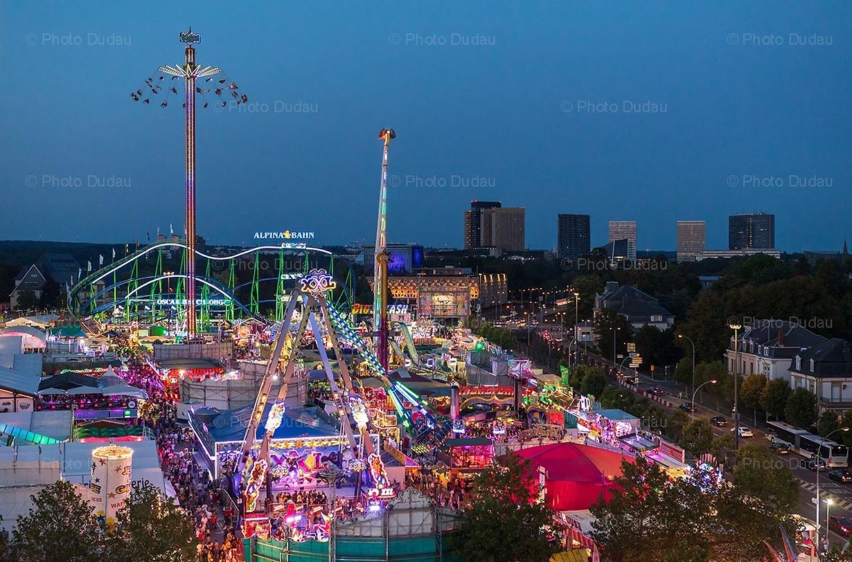 Editorial photo of Schueberfouer 2019 fun fair in Place Glacis, Luxembourg city during night.