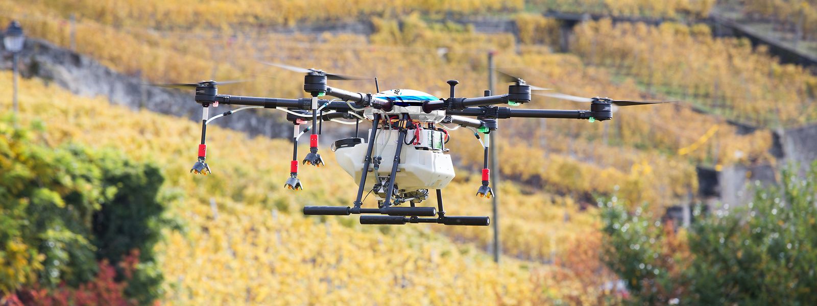 Intelligente Drohnen statt Hubschrauber – so soll die Weinbergüberwachung der Zukunft aussehen. Die Drohnen können auch Pflanzenschutzmittel versprühen.⋌ 