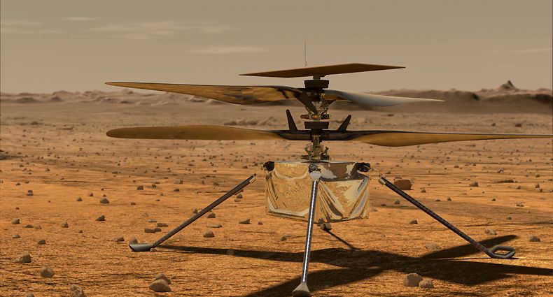 ARCHIV - 21.01.2020, ---: HANDOUT - Diese von der NASA zur Verfügung gestellte Illustration zeigt den Mini-Hubschrauber «Ingenuity» auf der Marsoberfläche. (zu dpa «Mars-Erstflug von Hubschrauber «Ingenuity» frühestens Montag») Foto: Jpl-Caltech/NASA/ZUMA Wire/dpa - ACHTUNG: Nur zur redaktionellen Verwendung im Zusammenhang mit der aktuellen Berichterstattung und nur mit vollständiger Nennung des vorstehenden Credits +++ dpa-Bildfunk +++