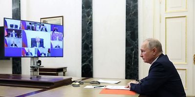 Russian President Vladimir Putin chairs a Security Council meeting via a video link in Moscow on March 24, 2023. (Photo by Gavriil GRIGOROV / Sputnik / AFP)