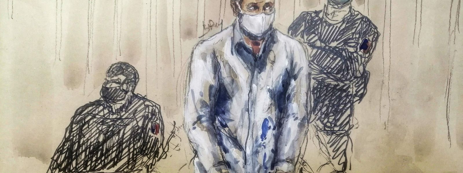 Diese Gerichtszeichnung zeigt den Hauptangeklagte Salah Abdeslam bei seiner Aussage im Prozess zu den Anschlägen vom 14. November 2015 in Paris.