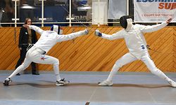 Flavio Giannotte, masque couleur Luxembourg, et Riccardo Reining. U23 Epee Cup. Escrime : U23 Epee Cup. Salle Hall Victor Hugo,Luxembourg. Foto : Stéphane Guillaume
