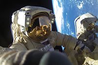 FEBRUARY 6, 2018: Roscosmos cosmonauts Alexander Misurkin and Anton Shkaplerov work outside the International Space Station (ISS) to install a communications antenna outside the Zvezda service module. Their record-breaking spacewalk has lasted for 8 hours and 12 minutes, beating the record of December 2013. Roscosmos Press Office/TASS (Photo by TASS\TASS via Getty Images)