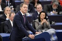 Belgian Prime Minister Alexander De Croo delivers a speech during a ceremony marking the 70th anniversary of the European Parliament during a plenary session at the European Parliament in Strasbourg, eastern France, on November 22, 2022. (Photo by FREDERICK FLORIN / AFP)