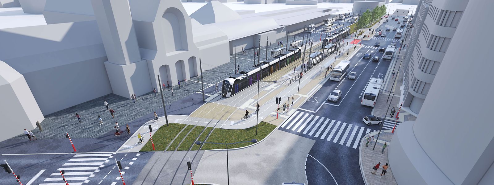 So wird sich der Verkehr vor dem Bahnhof ab dem 13. Dezember aufteilen. Mit Spuren für Busse und den Autoverkehr, einem Fußweg, einer Radpiste und der Tram.