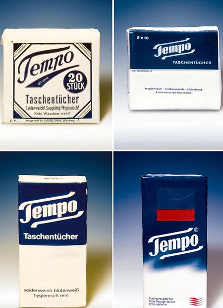 Undadierte Archivbilder zeigen die Verpackung der Tempo-Taschentücher vom Jahre 1929 (l.o.) an bis zum Design zu Beginn der sogenanten Nullerjahre. 