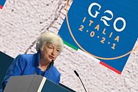 US Treasury Secretary Janet Yellen addresses a press conference during the G20 finance ministers and central bankers meeting in Venice on July 11, 2021. - G20 finance ministers have given their backing to a historic deal to overhaul the way multinational companies are taxed, and urged hold-out countries to get on board. Some 132 countries have already signed up to a framework for international tax reform, including a minimum corporate rate of 15 percent, struck earlier this month. (Photo by ANDREAS SOLARO / AFP)