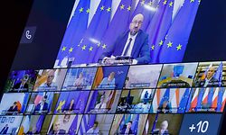 A photograph taken on August 19, 2020 at the EU headquarters in Brussels shows a screen displaying (from top to down R) European Council President Charles Michel, European Parliament President David-Maria Sassoli, EU High Representative for Foreign Affairs and Security Policy Josep Borrell, European Commission President Ursula Von Der Leyen, German Chancellor Angela Merkel, Dutch Prime Minister Mark Rutte, Slovenian Prime Minister Janez Jansa, French President Emmanuel Macron, Czech Republic's Prime Minister Andrej Babis, Sweden's Prime Minister Stefan Lofven, Danish Prime Minister Mette Frederiksen, Belgian Prime Minister Sophie Wilmes, Hungary's Prime Minister Viktor Orban, Poland's Prime Minister Mateusz Morawiecki, Ireland's Prime Minister Micheal Martin, Lithuania's President Gitanas Nauseda, Greek Prime Minister Kyriekos Mitsotekis, Italian Prime Minister Giuseppe Conte, and Latvia's Prime Minister Krisjanis Karins, during the EU emergency video summit on the crisis in Belarus. - EU leaders began an emergency video summit to discuss the crisis in Belarus, as the country's exiled opposition chief urged them to reject President Alexander Lukashenko's disputed re-election. (Photo by Olivier HOSLET / POOL / AFP)