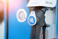Aachen / Germany - January 31 2020: hydrogen logo on gas stations fuel dispenser. h2 combustion engine for emission free eco friendly transport.hydrogen logo on gas stations fuel dispenser. h2 combust