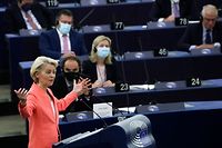 European Commission President Ursula von der Leyen delivers a speech during a debate on "The State of the European Union" as part of a plenary session in Strasbourg on September 15, 2021. (Photo by YVES HERMAN / POOL / AFP)