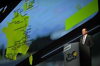 Tour de France general director Christian Prudhomme delivers a speech during the official presentation of the 2022 Tour de France cycling race, in Paris, on October 14, 2021. (Photo by Anne-Christine POUJOULAT / AFP)